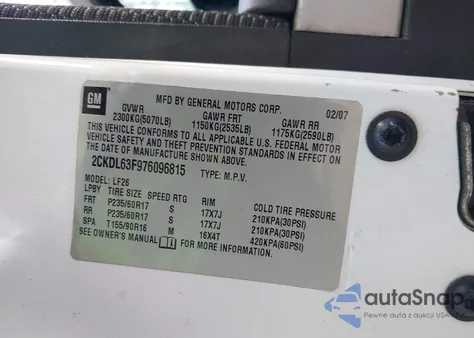 2007 Pontiac Torrent from USA, damaged, VIN 2CKDL63F976096815